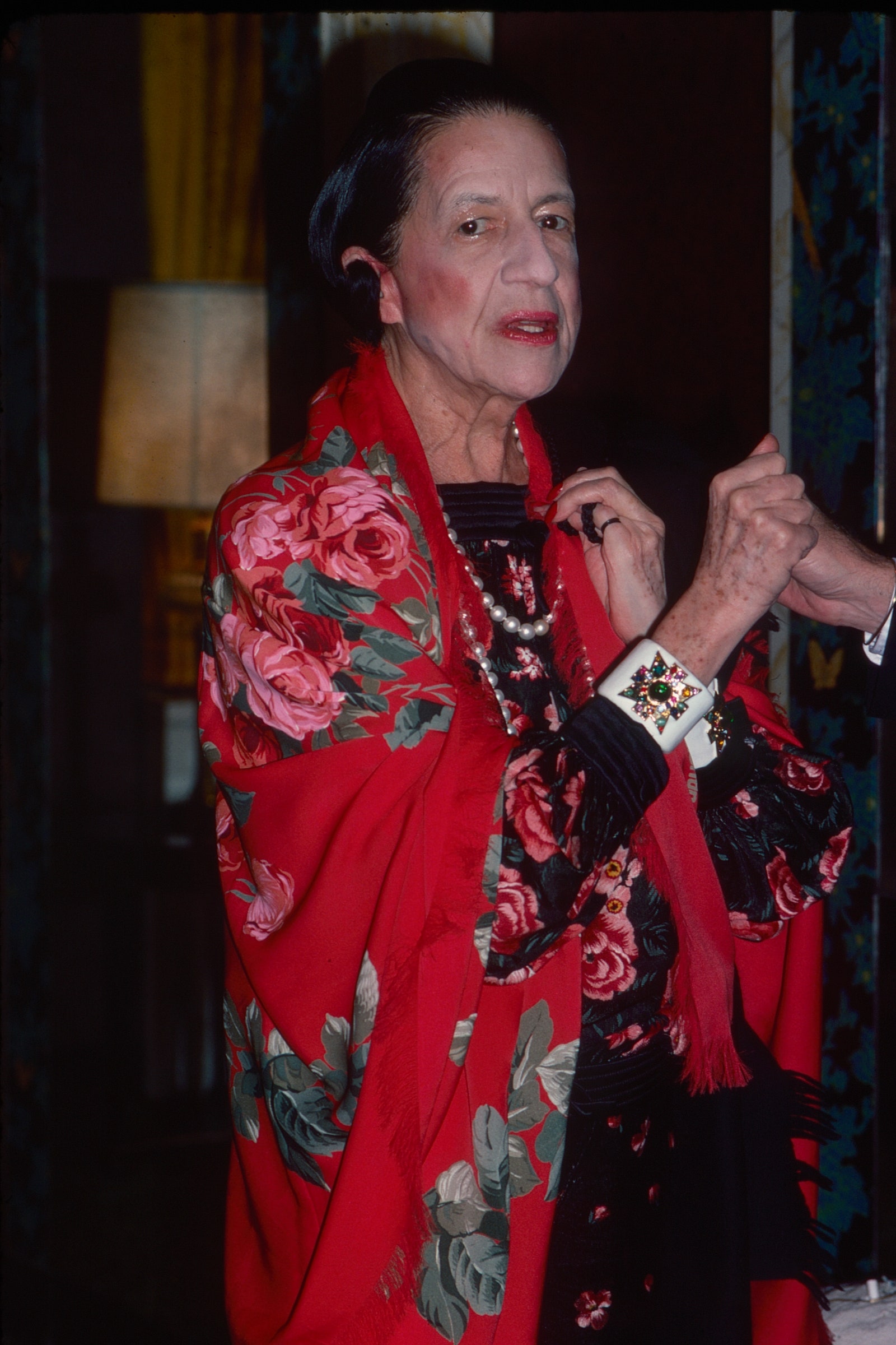 Images may contain stylish dress accessories jewelry and rings in Diana Vreeland staff formally wearing adult clothing