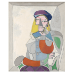 Pablo Picasso's Cubist work, seductive blonde woman wearing a purple hat.
