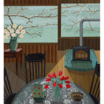 Painting of living room and fireplace with red tulips in the foreground.