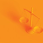 Concept image. Range of justice isolated on orange background.