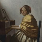 A cute Vermeer painting of a young woman sitting on a yellow shawl in a virgin.