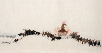 Two groups fought on both sides of the burning church. The image is sewn into white linen.