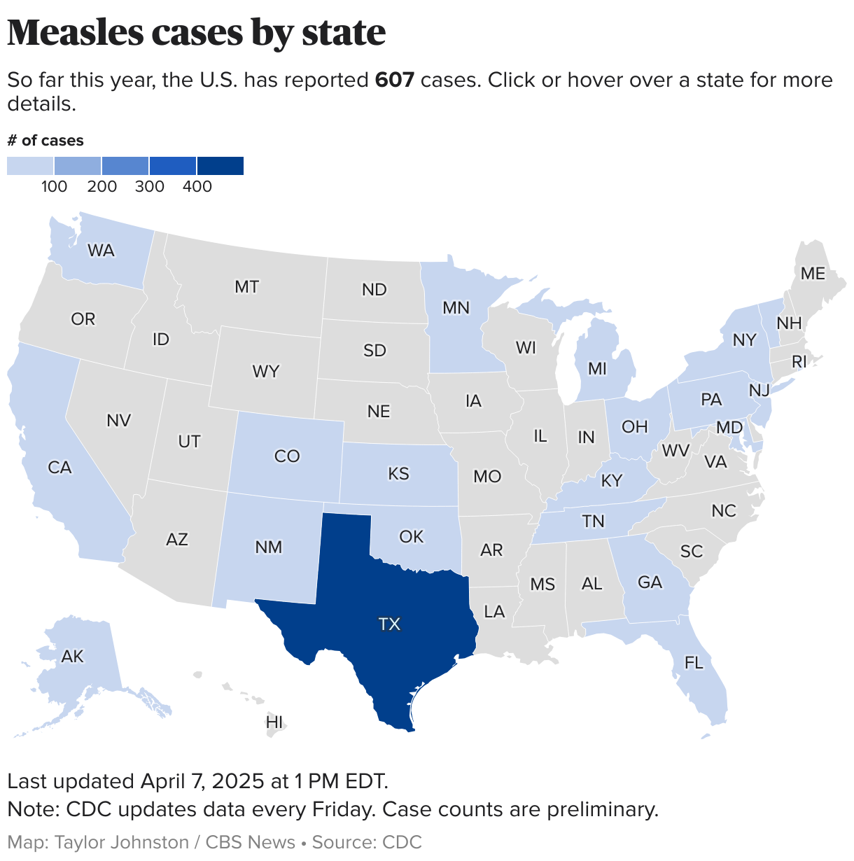 The United States map shows the number of measles cases reported in 2025.