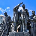 Detroit, USA - 2024/06/13: Gateway to the Liberty International Memorial, a metal sculpture commemorating the Underground Railroad. Low angle view. (Photography by Roberto Machado Noa/Lightrocket via Getty Images)