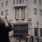 The controversial sculpture is surrounded by a protective screen that depicts Prospero and Ariel from William Shakespeare's Tempest and is re-exhibited outside of BBC broadcasts after repairs. The sculpture was created by Eric Gill, who is said to have sexually abused his two daughters. Image date: Wednesday, April 9, 2025.
