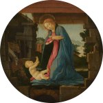 A circular painting showing the Virgin Mary kneeling on a naked Christ child.