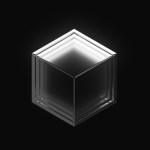 Three nested white cubes floating in black space with hazy center