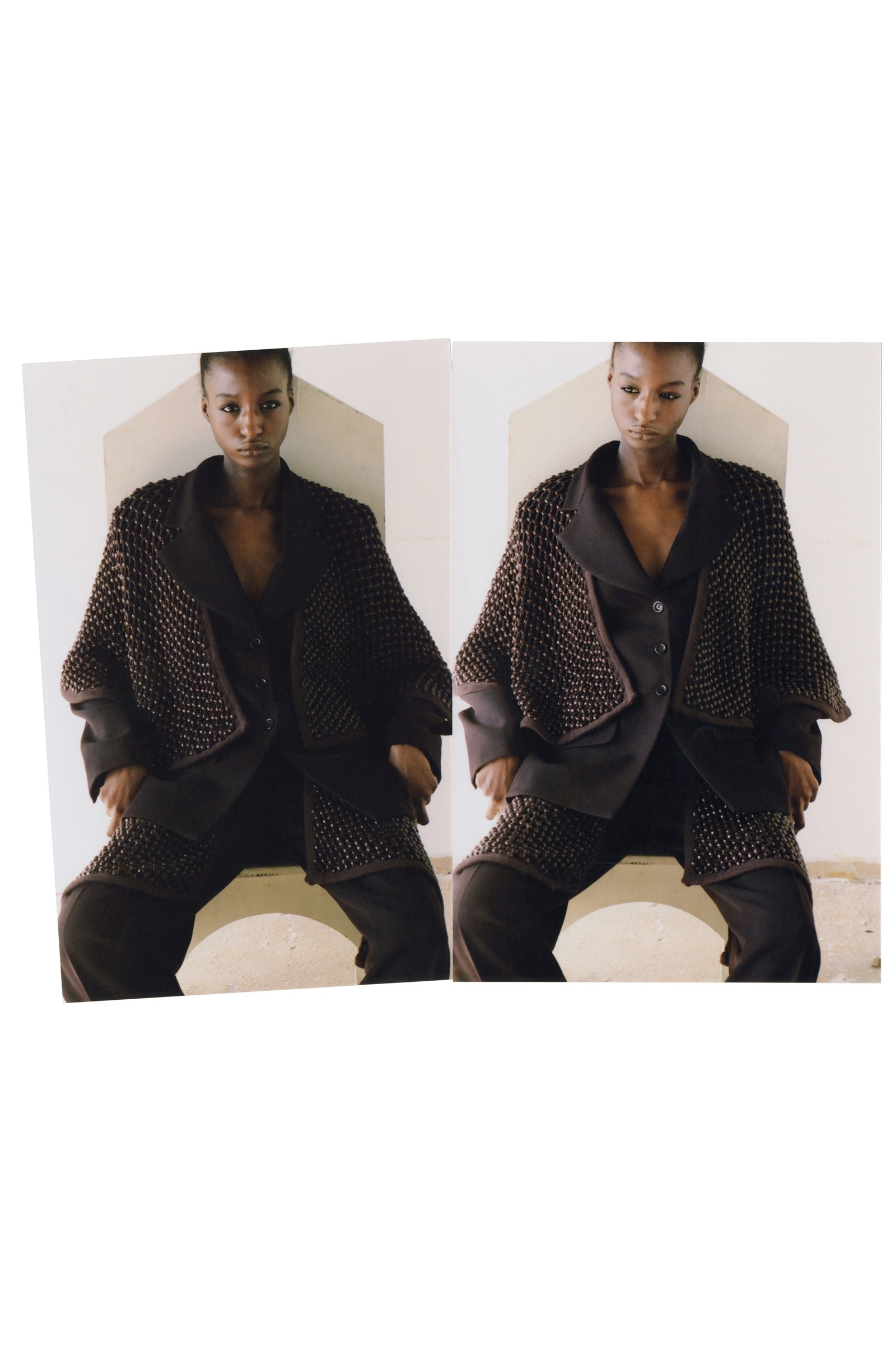 Images may contain clothing jacket adult fashion jacket knitted sweater face and head