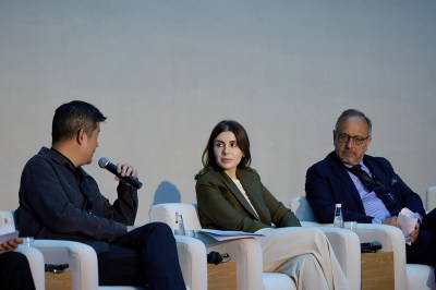 From left to right: Aric Chen. Gayane Umerova and Valery Freland spoke at the first Aral Cultural Summit in Nukus, Uzbekistan in April 2025.