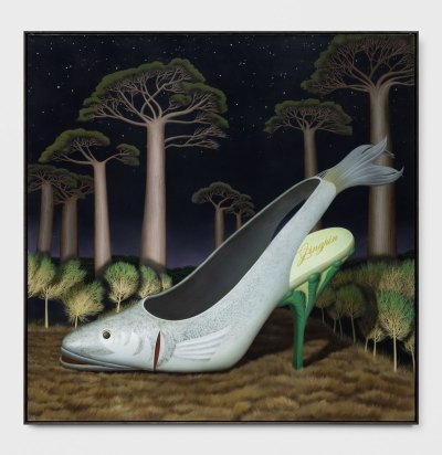A painting clears a high heel shape in the forest at night.