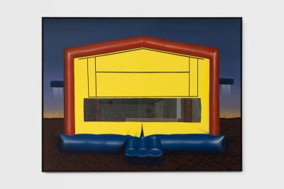 A painting showing the elastic hall of red yellow and blue seen at dusk. 