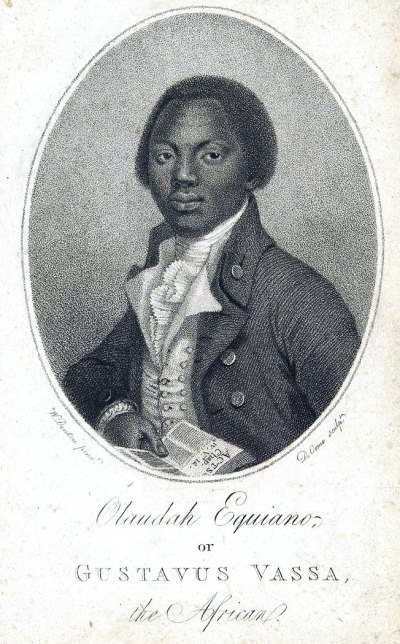 An engraving showing a Black man in elegant 18th-century dress holding a book. 