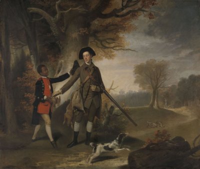 A painting of a white man with a shotgun in a pastoral scene. A dead  hare hangs from his body. A Black boy hands him a dead bird as he pats his master on the back. 