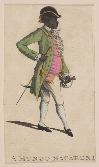 An engraving with watercolor of a sumptuously dressed Black dandy. 