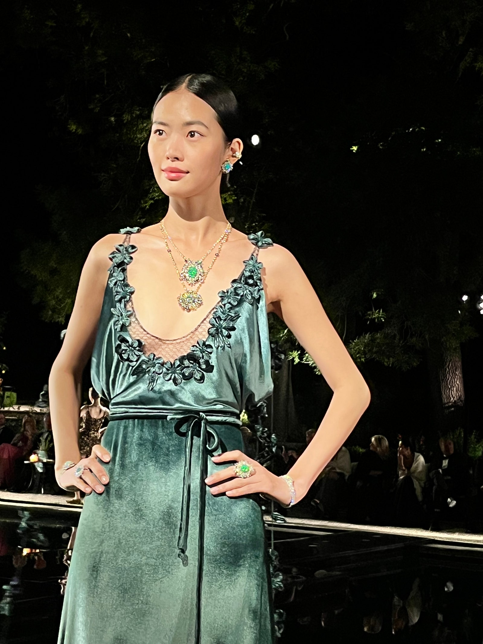 Images may contain Liu Wen Performing Gress formally wearing an adult evening dress bracelet and jewelry