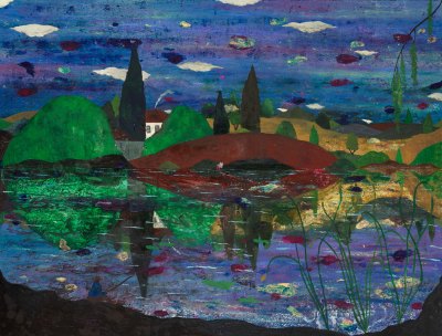 The landscape paintings present various parts, which look collage. It shows hills and bridges, parts of the house and small figures reflected in the lake. 