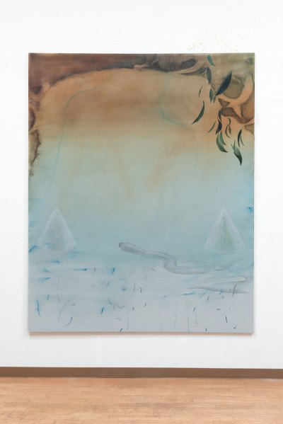 Orange sky blends into landscape paintings in light blue water without a defined horizon. A snake passes through two conical shapes. 