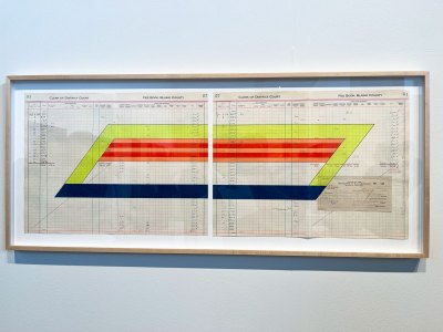 Trapezoidal painting in two articles of the ledger book of the 1920s. The top and sides are yellow and the bottom is blue, and the illustration is two red and orange stripes.