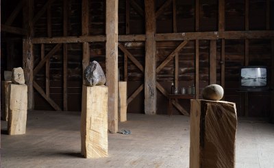 Various rocks on wooden base in barn with TV in background. 
