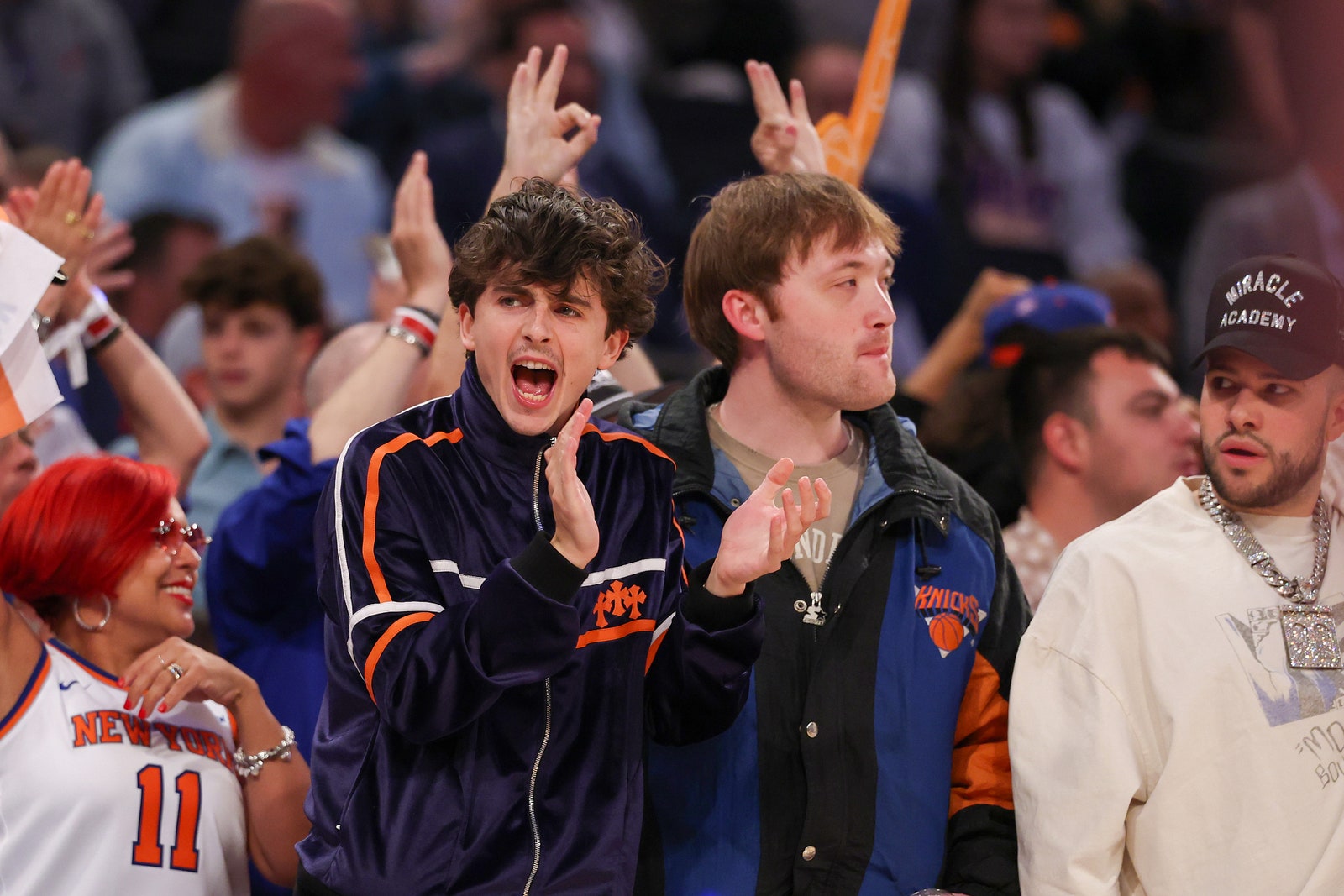 Timothe Chalamet cheers in the first quarter of Game 6 of the Eastern Conference second round NBA playoffs
