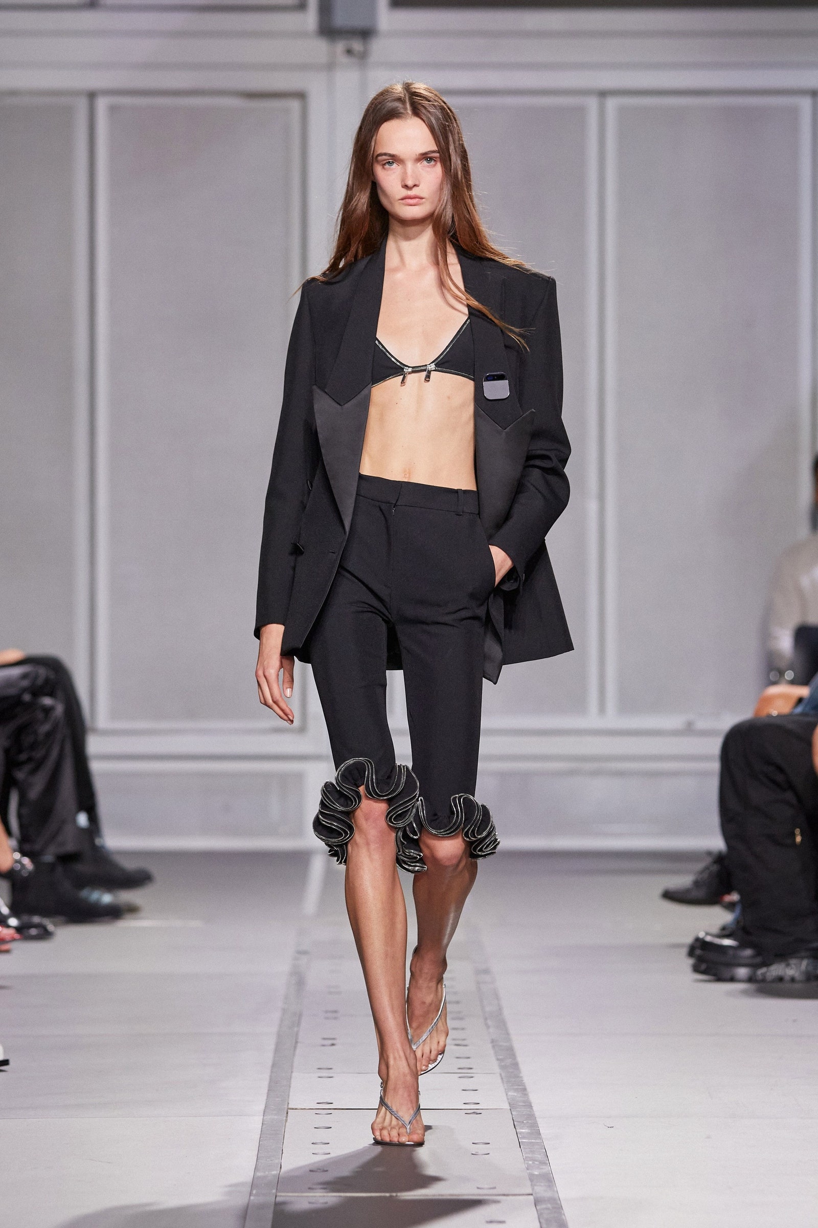 Images may contain clothing formal clothing fashion adult jacket shoes shoes and runway
