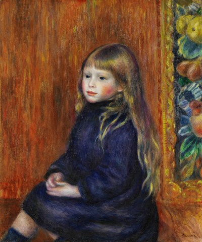 A painting of a little boy with long hair.