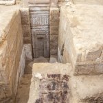 15-foot-tall pink granite forged door to Waserif Re grave in Saqqara, Egypt.