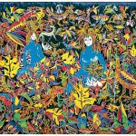 There is a dense forest of vibrant flora and fauna in the middle, with two figures (with blue bodies and white faces).