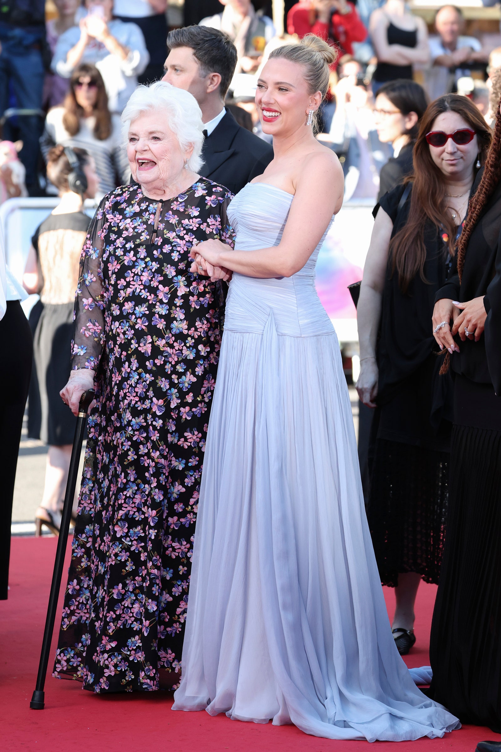 Images may contain June Squibb Scarlett Johansson Colin Jost Barra Grant People Fashion Accessories and Glasses