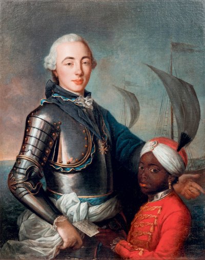 A painting showing a white man in metal armor with a young Black boy in a red coat and turban. They stand before a ship at sea. 
