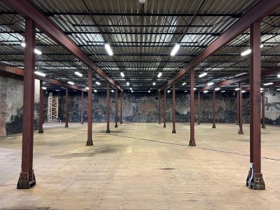 View of the interior of a historic warehouse. 