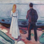 Painting of two people in front of the ocean.