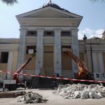 TopShot - Cranes and workers boarded the windows of the transimaging cathedral, as a result of a missile strike in Odesa before entering service on July 24, 2023 during the Russian invasion of Ukraine. Ukraine said on Sunday that 19 people, including four children, were injured in a one-night missile strike in Russia, which also killed one person. (Photos of Oleksandr Gimanov/AFP) (Photos of Oleksandr Gimanov/AFP via Getty Images)