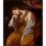 A painting of a white woman bent down and sat on a chair with one hand raised. Her eyes closed and she sat in front of the red curtains.