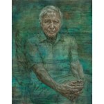 Portrait of David Attenborough by artist Jonathan Yeo. The main color is green. It is commissioned by the Royal Society.