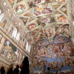 Vatican Vatican - June 1: (Edited news only for use - strictly no commercial or merchandise sales) Vistors viewed the murals of the Sistine Church at the Vatican Museum in Vatican City on June 1, 2020. The Vatican Museums are reopened to the public today following safety guidelines prescribed by Italian and Vatican health officials. They are accessible only by booking. (Photo taken by Franco Origlia/Getty Images)