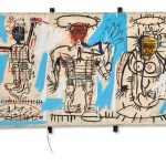 Three scratching figures on the canvas.