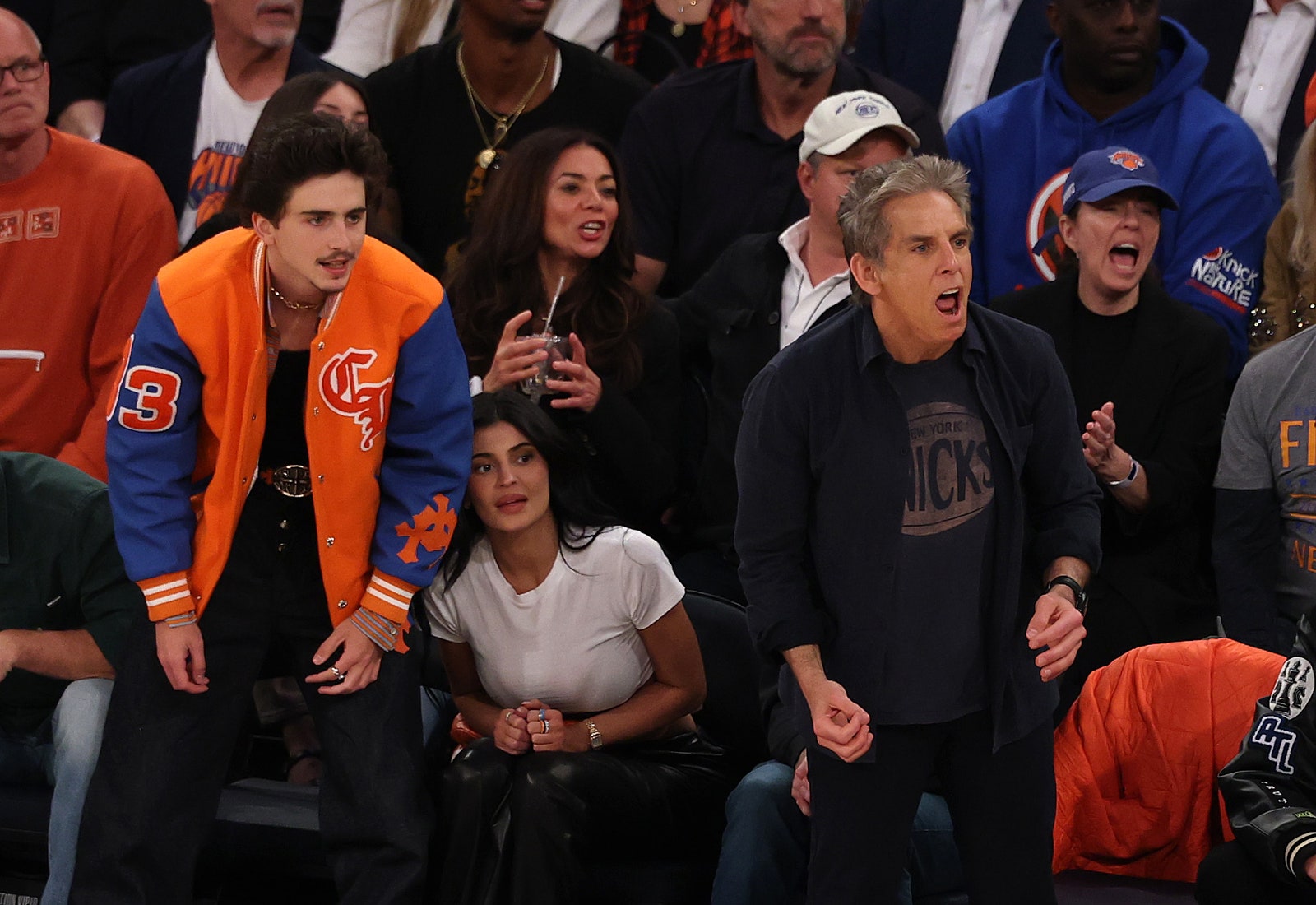 Timothe Chalamet Kylie Jenner and Ben Stiller in the first quarter of the Eastern Conference Game 5 in the...
