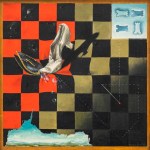 Painting with chessboard background changes from red and black to white and black with various objects in the middle