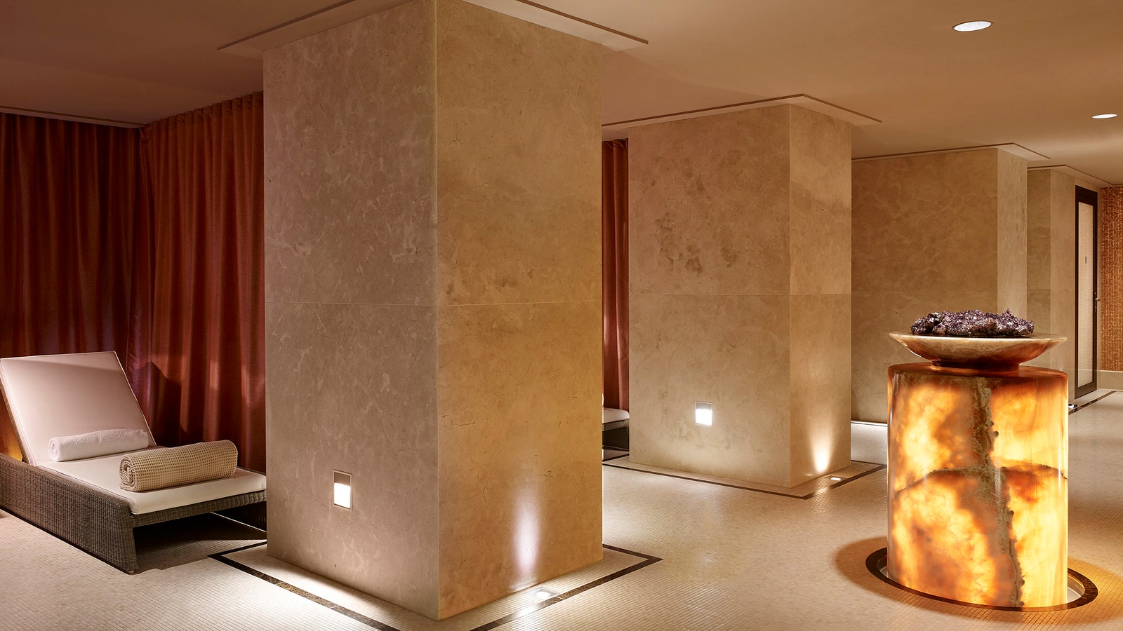 Images may contain interior design architecture building foyer light bed furniture and living room