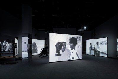 Installation view of Isaac Julien, Once Again. . . (Statues Never Die), 2022, in “Isaac Julien: I Dream A World,” de Young, April 12–July 13, 2025