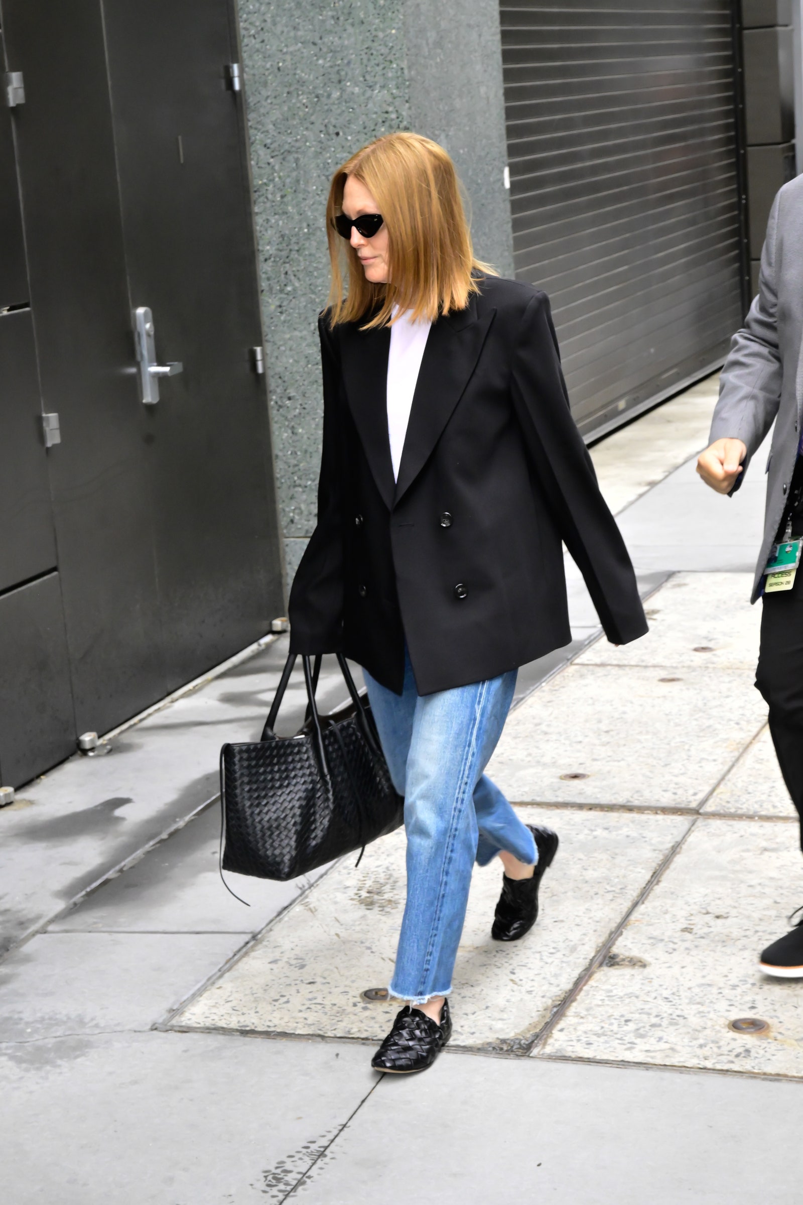 Images may contain Julianne Moore Blazer Clothing Blazer Pants Formal Wearing Suit Shoes Shoes and Accessories