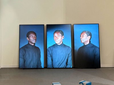 Three screens show different views of black turtlenecks.
