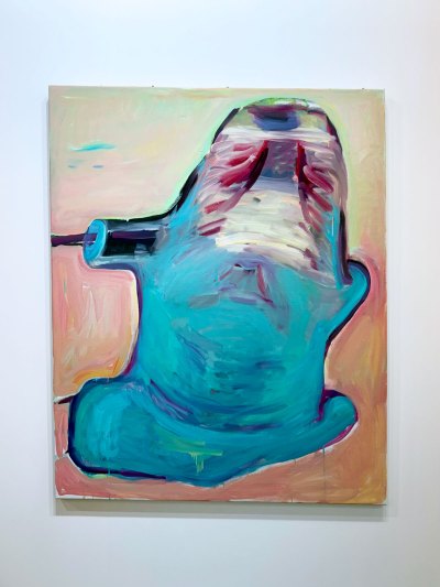 An abstract painting that may resemble a blue torso.