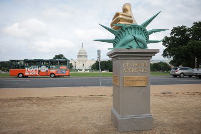 WASHINGTON, D.C. - June 17: An anti-Trump art installation statue is seen in front of the U.S. Capitol at the U.S. Capitol on June 17, 2025 in Washington, D.C. The source of the statue is not clear, it is a big one "thumbs up" It was sitting on a broken statue of Liberty, with quotes around it. (Photo by Kayla Bartkowski/Getty Images)