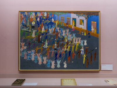 A painting showing a procession of extravagantly dressed people during a festival 