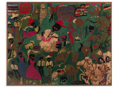 A scene of Black people in a pastoral landscape with animals. 