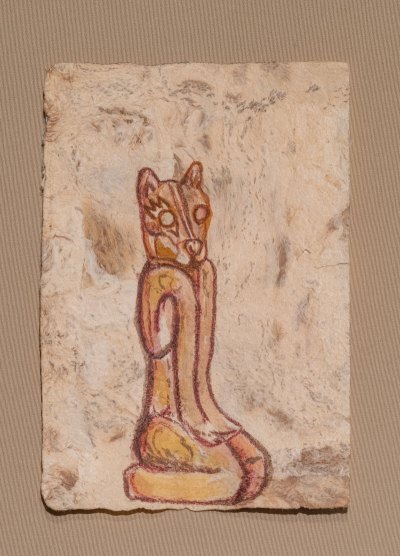 Drawings of half cat, half human statue. 