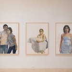 Three realistic paintings show snapshots of four people (a couple on the left, two women on the middle and right) all on a white background.