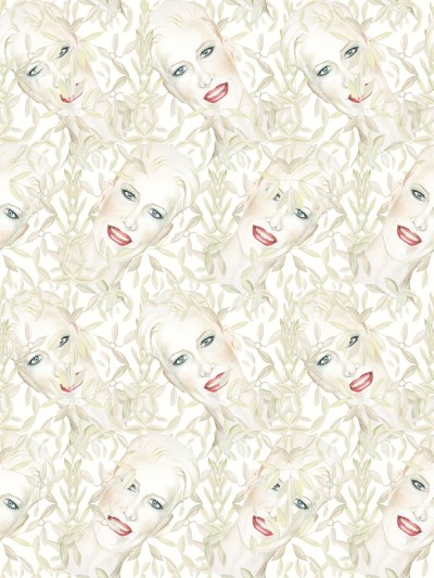 A wallpaper with many self-portraits of the faces, with leaves scattered on it.